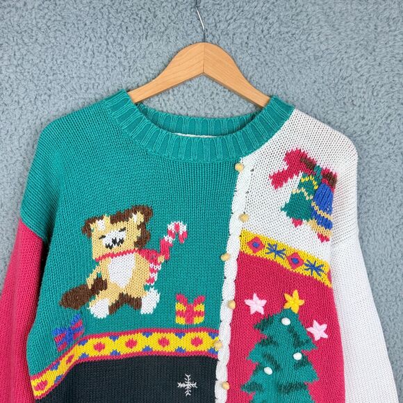 Vintage Yarnworks Ugly Christmas Sweater Bear Tree Snowman Bells Men’s M/L - Picture 2 of 7